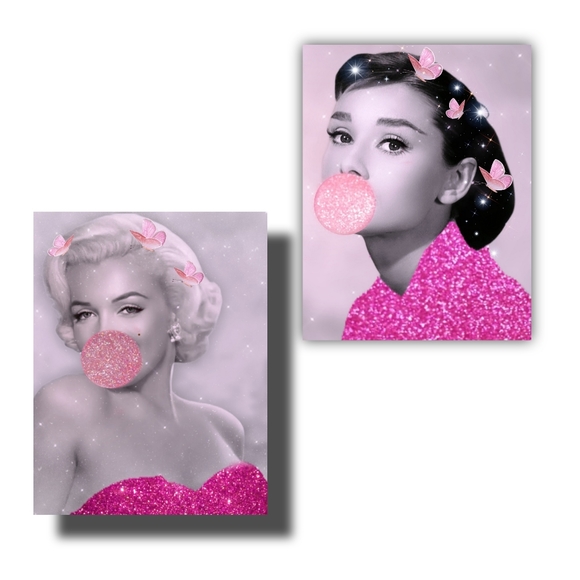 Marilyn Monroe and Audrey Hepburn glittered Pink Bubble Gum Pink Poster Art - Picture 1 of 3